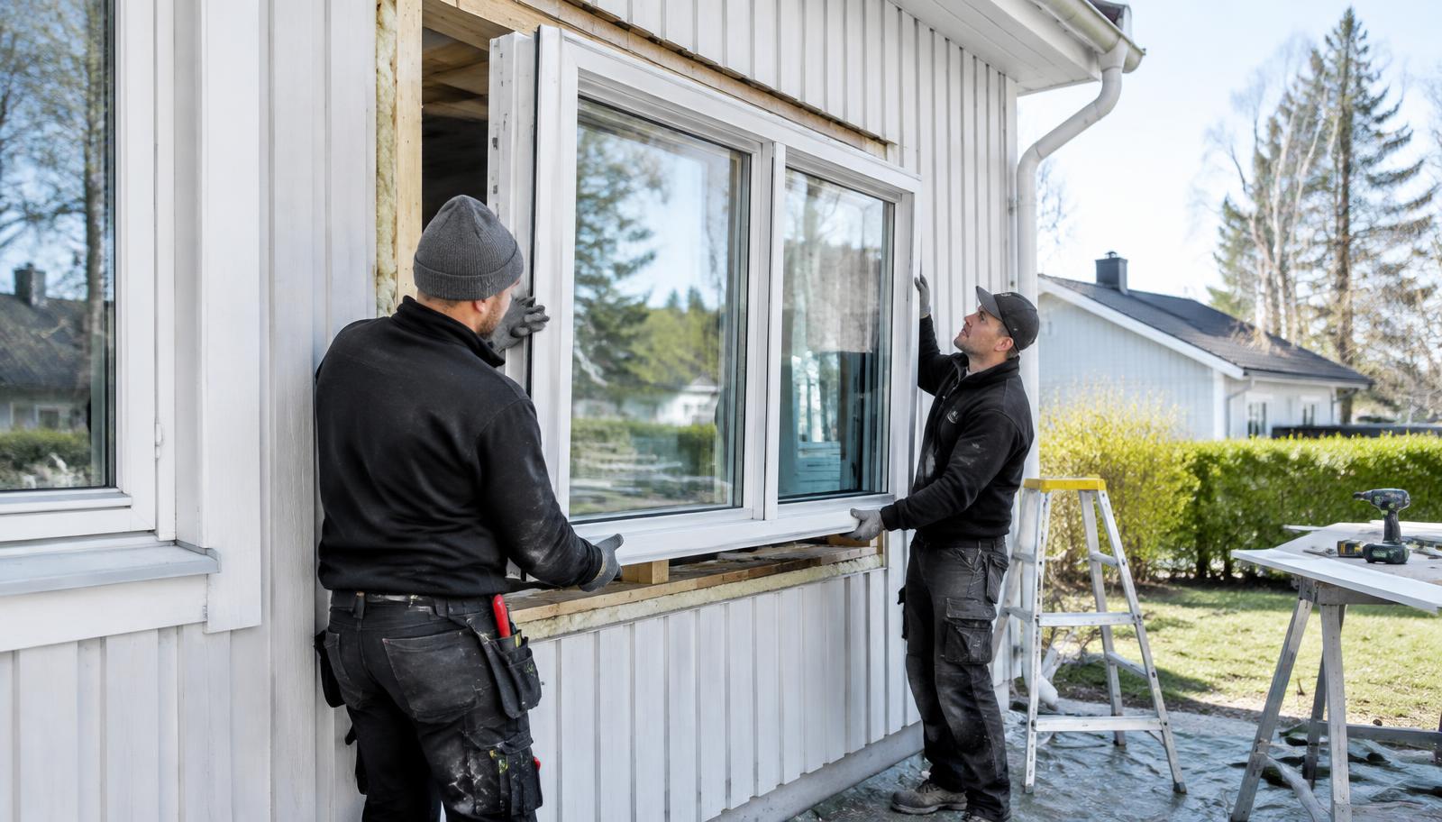 Montörer installerar ett nytt energifönster i en svensk villa