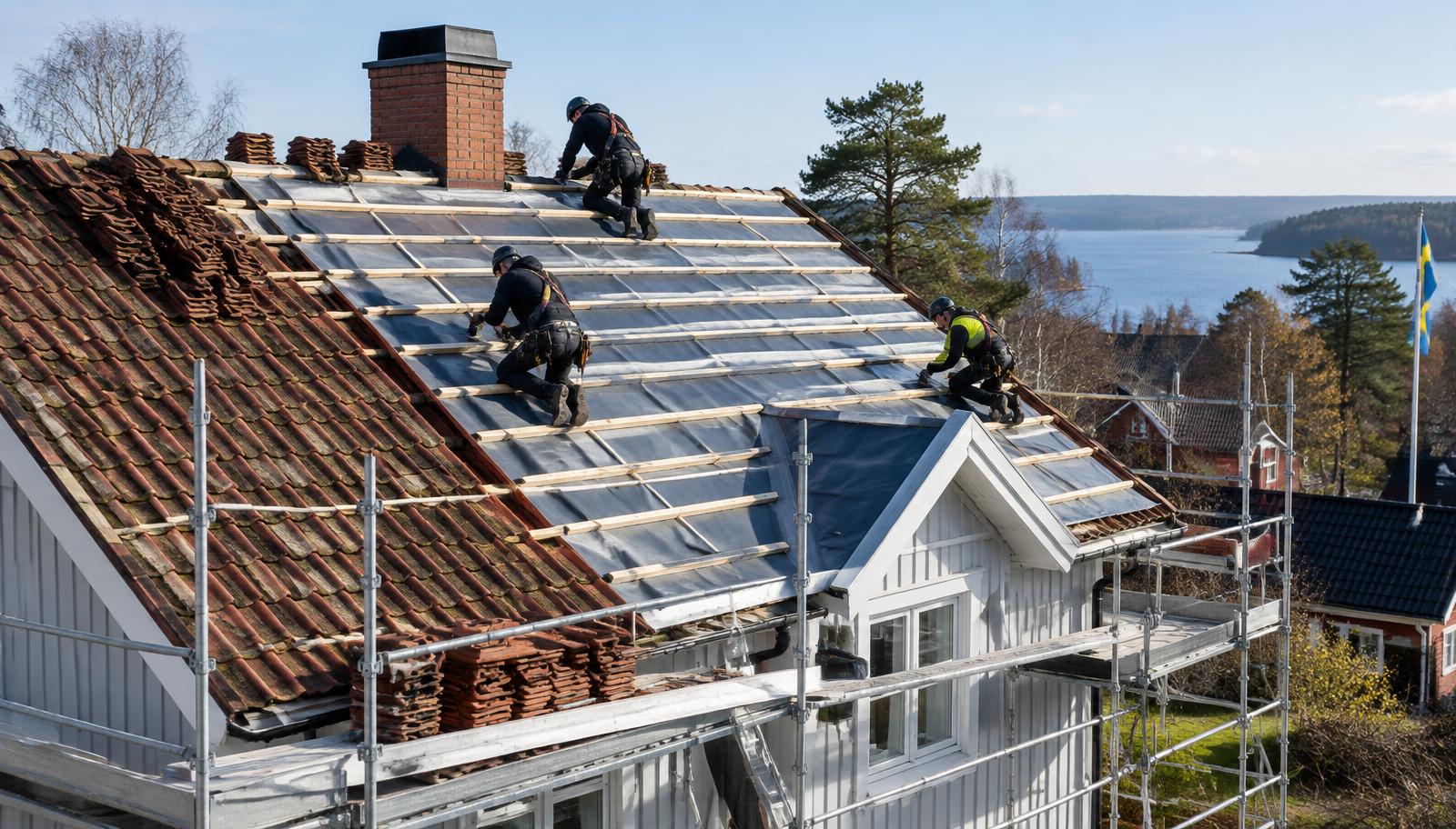 Takomläggning med ställning, underlagstak och läkt på en svensk villa
