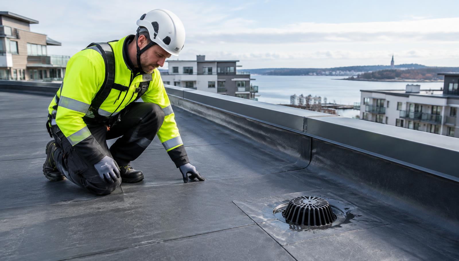 Takmontör inspekterar tätskikt och takbrunn på ett låglutande tak