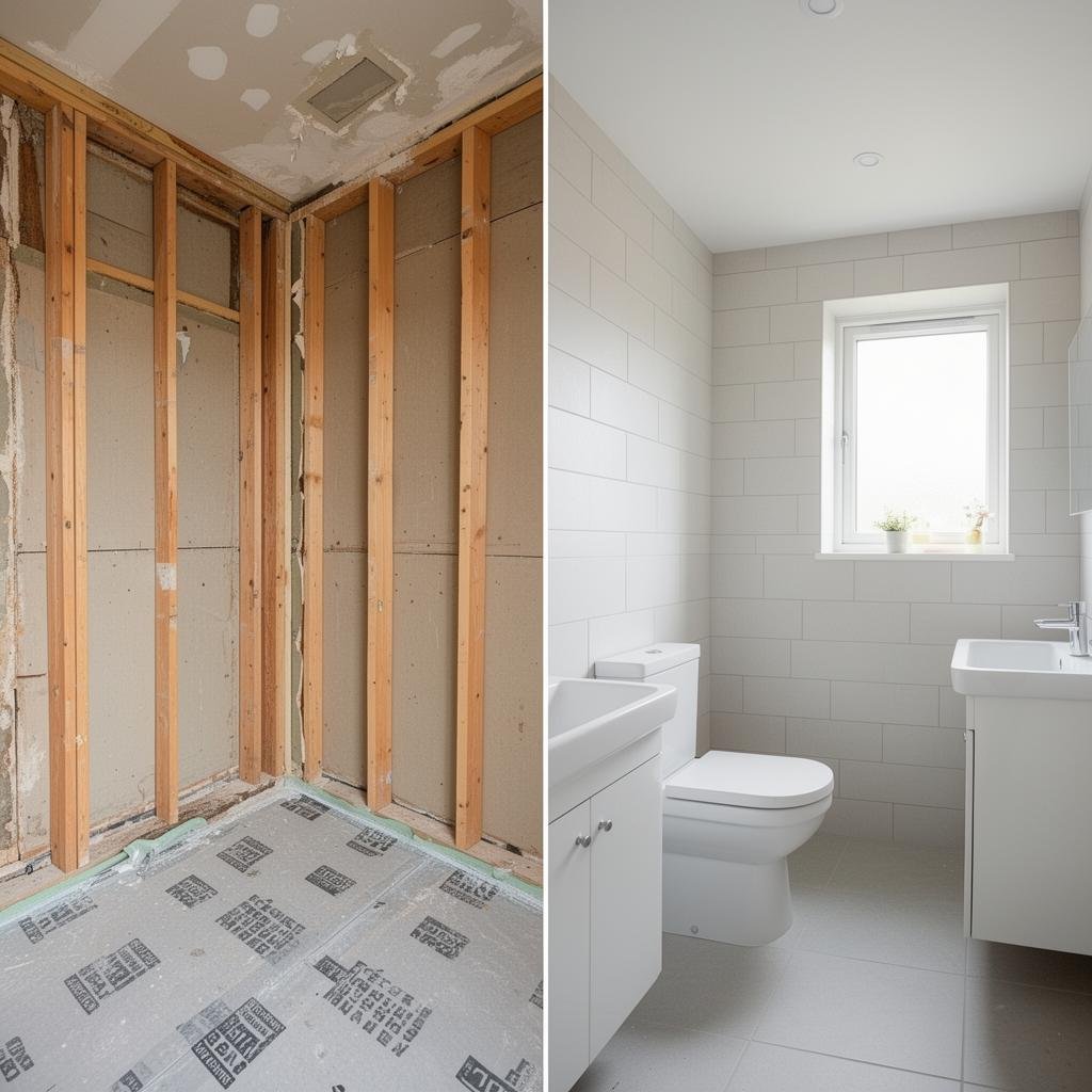 Badrum före och efter renovering – rivet regelverk och färdigt kaklat badrum