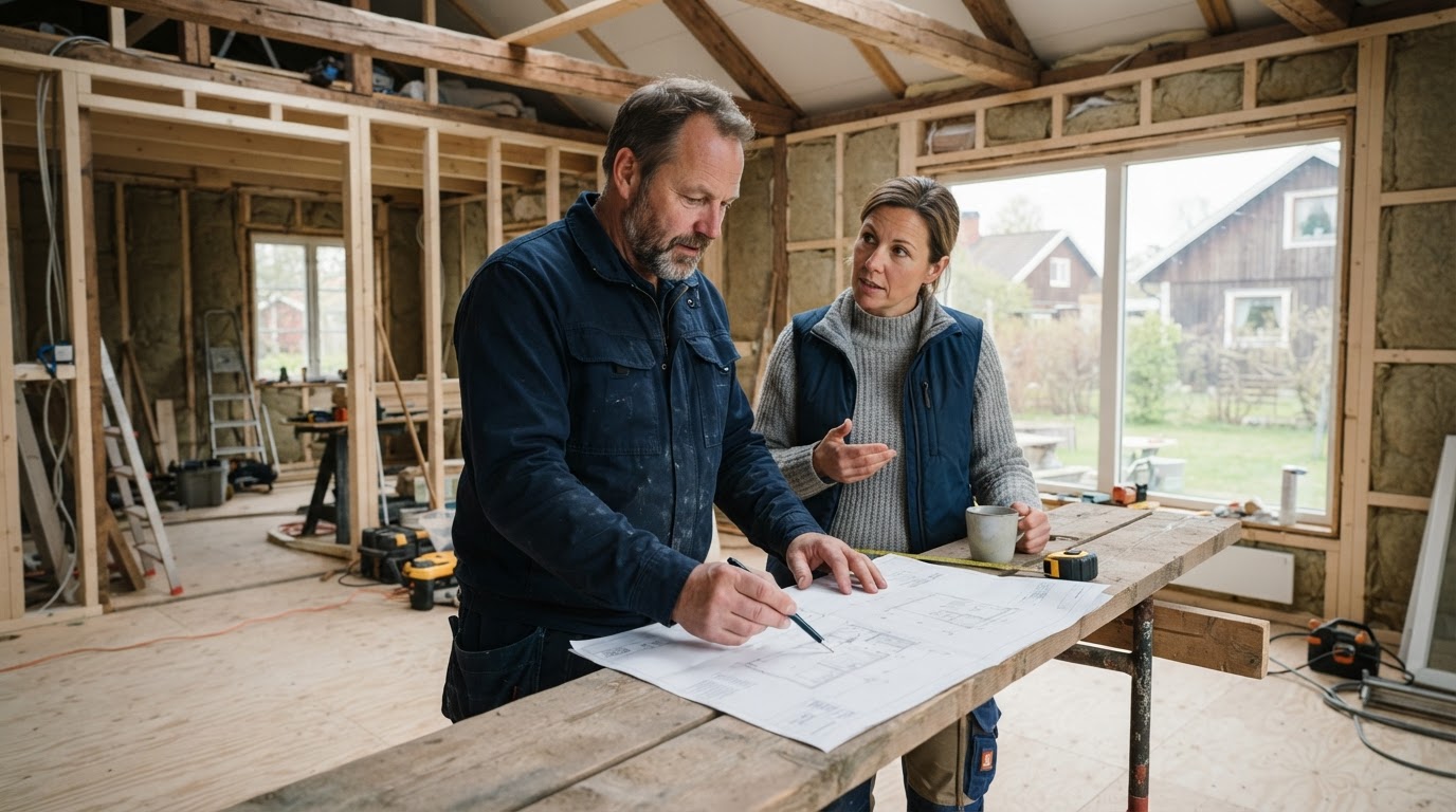 Beställare och byggentreprenör går igenom ritningar på en svensk renoveringsplats