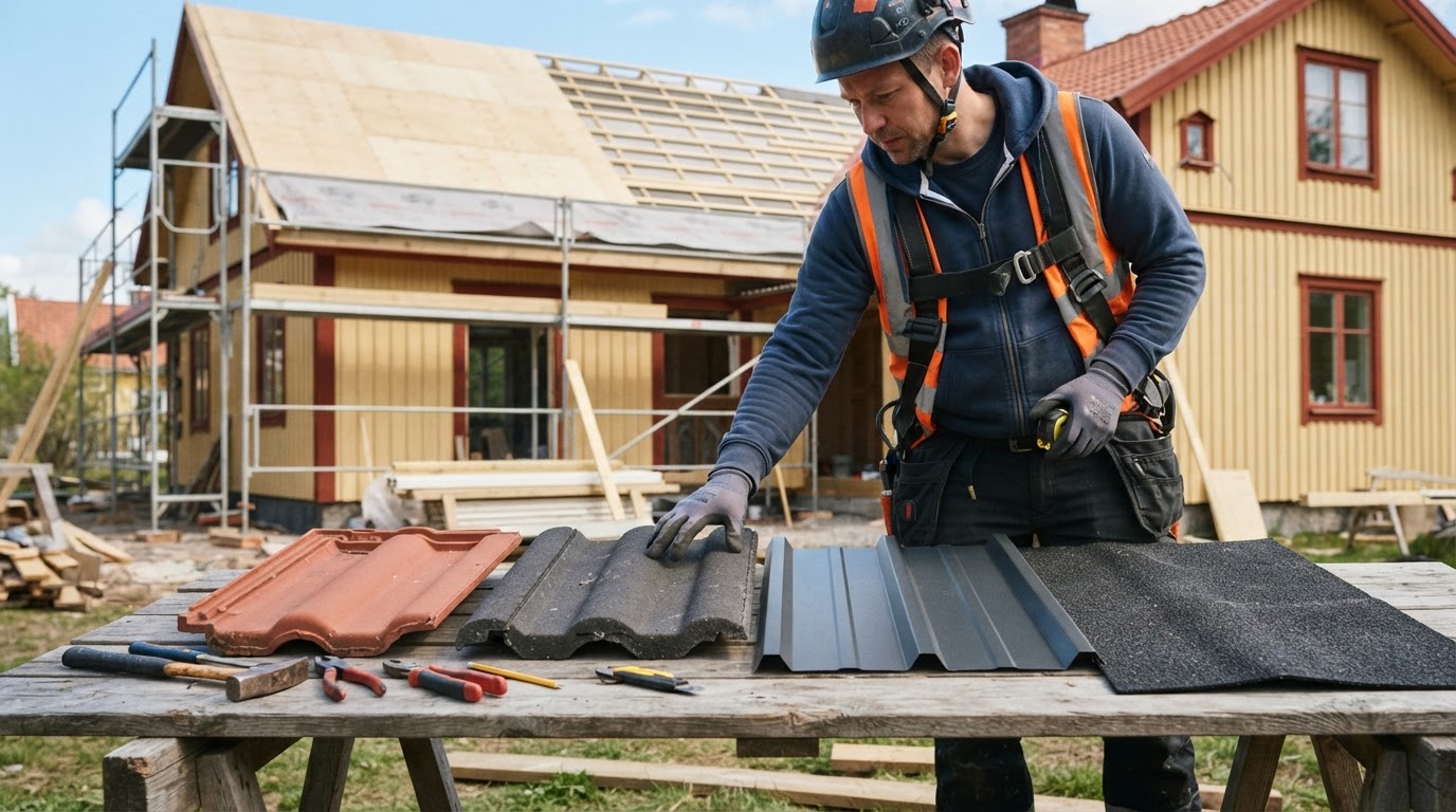 Takläggare jämför lertegel, betongpannor, plåt och takpapp vid en svensk villa
