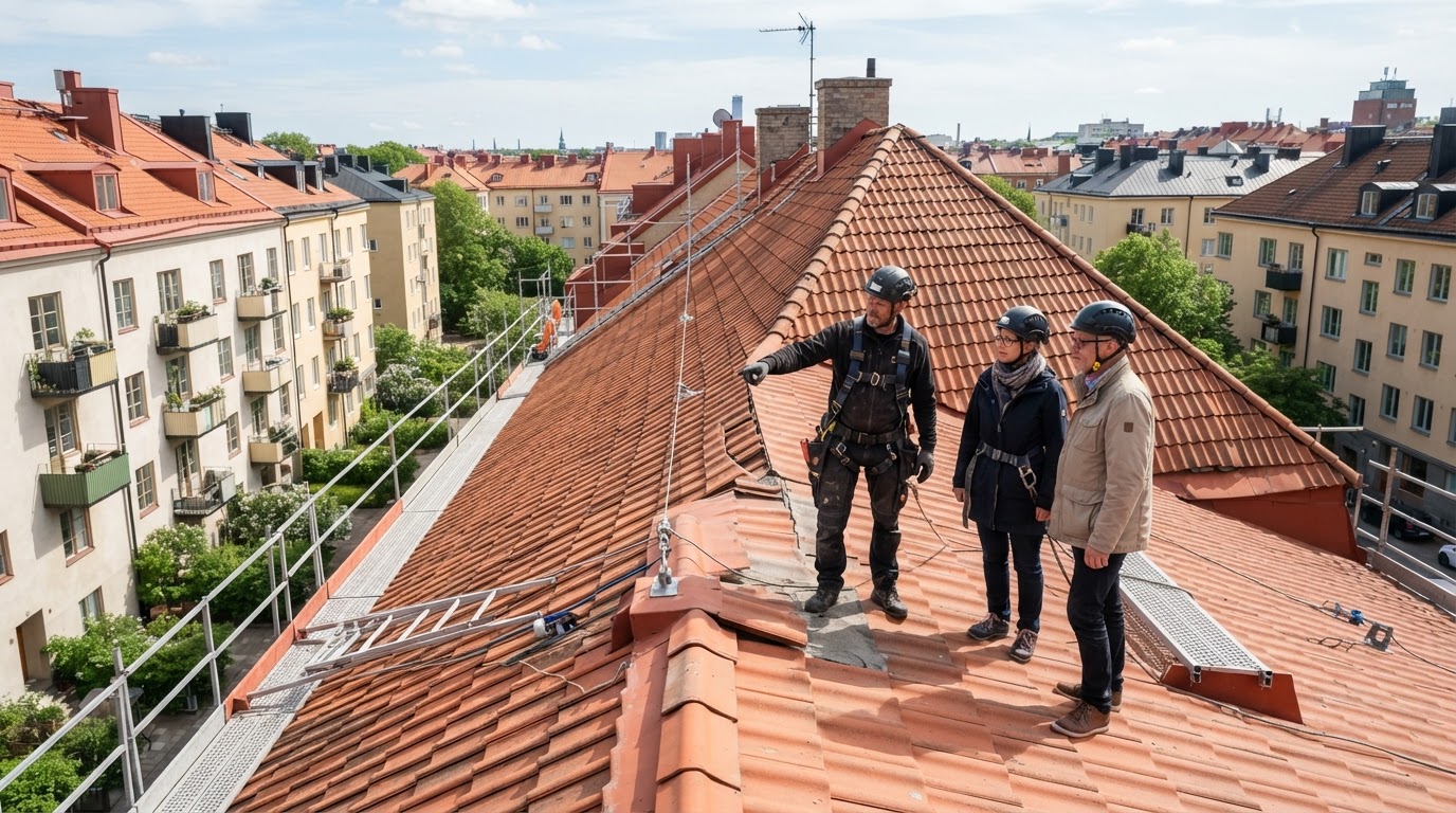 Takläggare och styrelseledamöter inspekterar taket på ett svenskt flerbostadshus