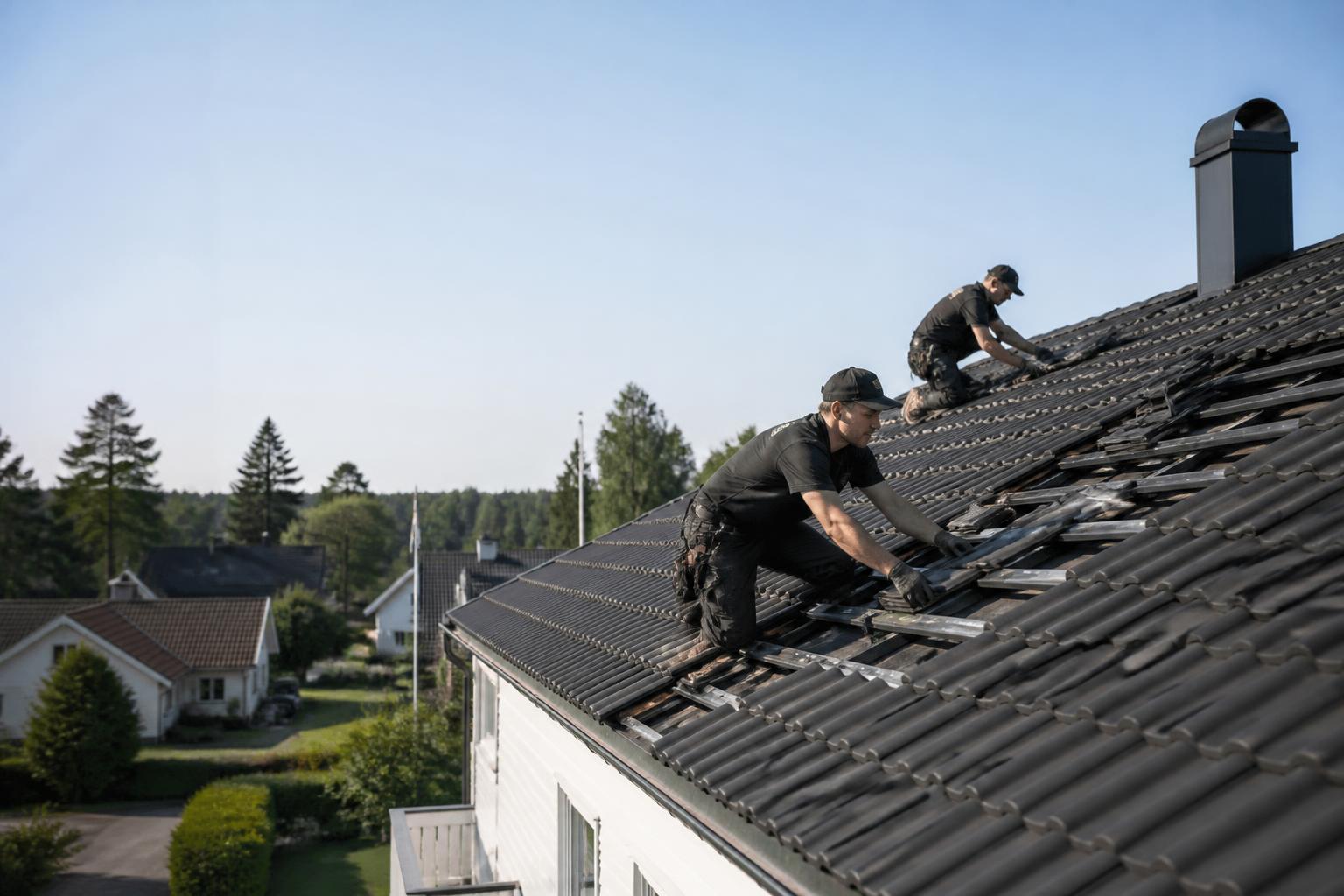 Takbyte pågår på en villa i Täby